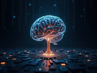 Conceptual representation of a digital brain symbolizing technological singularity, merging human cognition with advanced technology in a futuristic setting