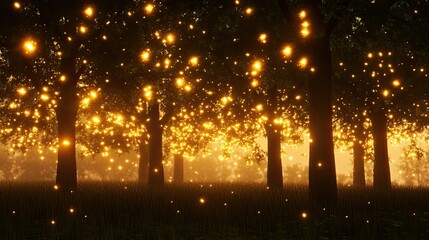 Magical glowing forest at night with fireflies and fog.