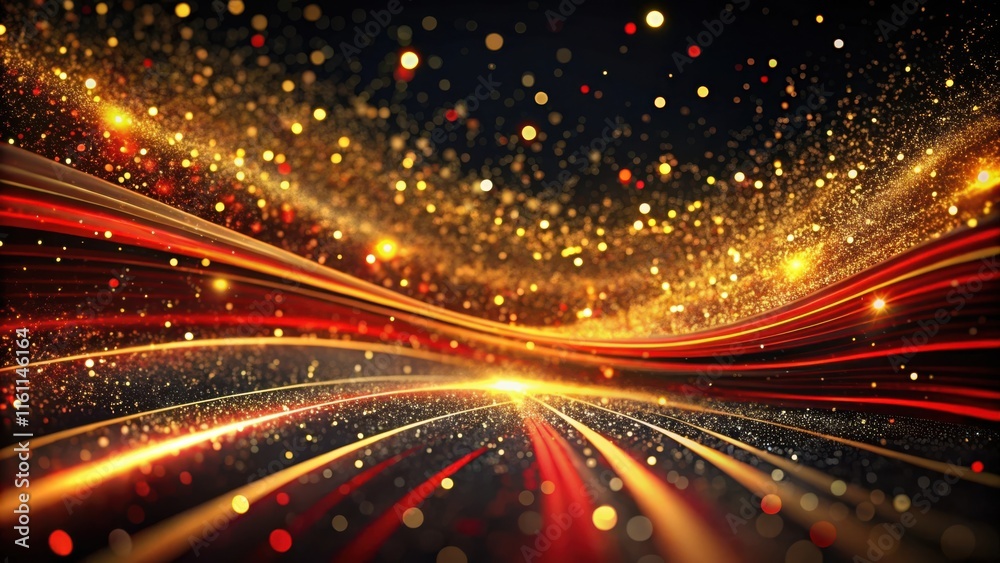 Poster a shimmering expanse of golden glitter with red and orange light streaks forming a curved pathway th