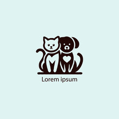 A simple, minimalist logo featuring a stylized purple cat and dog sitting closely together, 