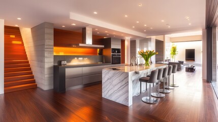 A contemporary open-plan kitchen with sleek finishes, modern bar stools, and a bold marble island centerpiece
