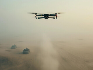 Drone flying over a battlefield, with tanks in the background