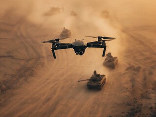 Drone flying over a battlefield, with tanks in the background