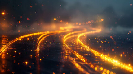 Fototapeta premium Image of glowing golden light trails floating in the air.