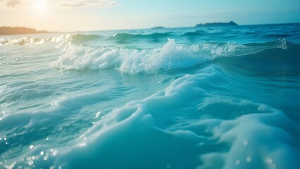 Fototapeta premium Serene Turquoise Ocean Water, Gradient Blue Waves, Sea Foam, and Gentle Ripples - Tranquil Seascape Photography