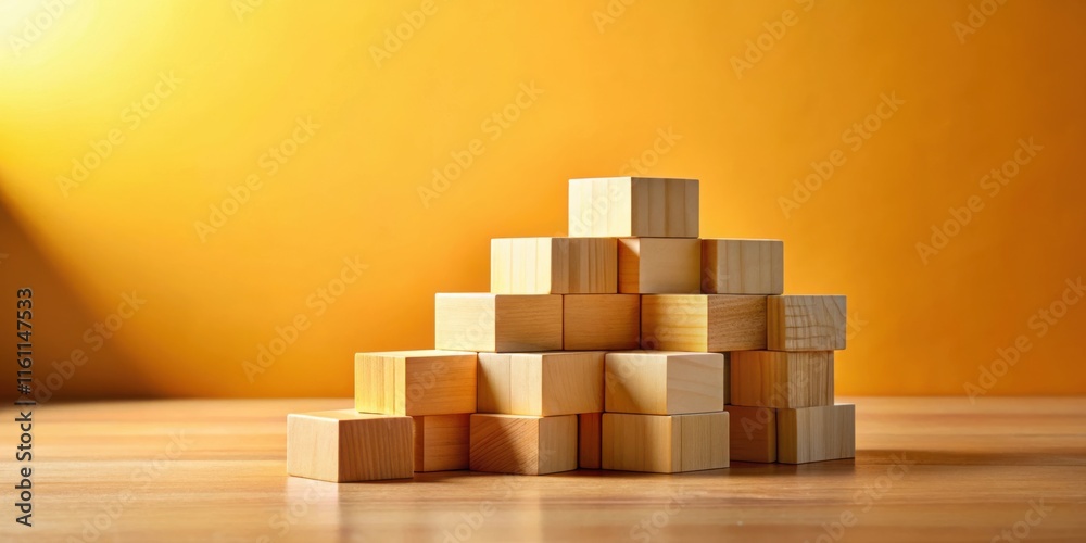 Aufkleber A Simple Structure Constructed From Unfinished Wooden Blocks, Arranged in a Pattern, Against a Warm Yellow Background