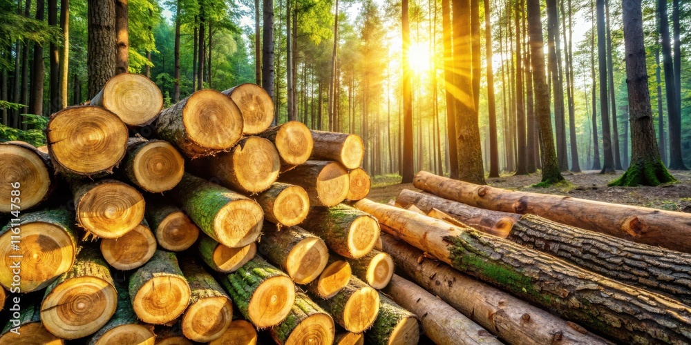 Poster Sunlight filters through the trees illuminating a stack of freshly cut logs in a forest clearing