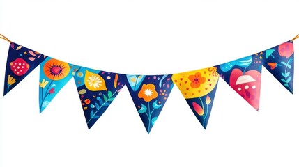 Obraz premium Colorful floral bunting flags hang against a dark background, adding a festive and cheerful touch to any celebration.