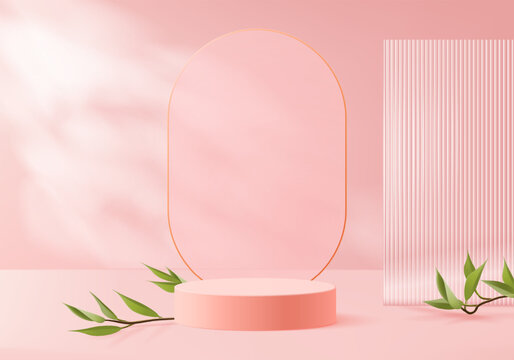 3d background platform with pink glass modern. Background vector 3d rendering crystal podium platform. stand show cosmetic product. Stage showcase on pedestal modern glass studio platform