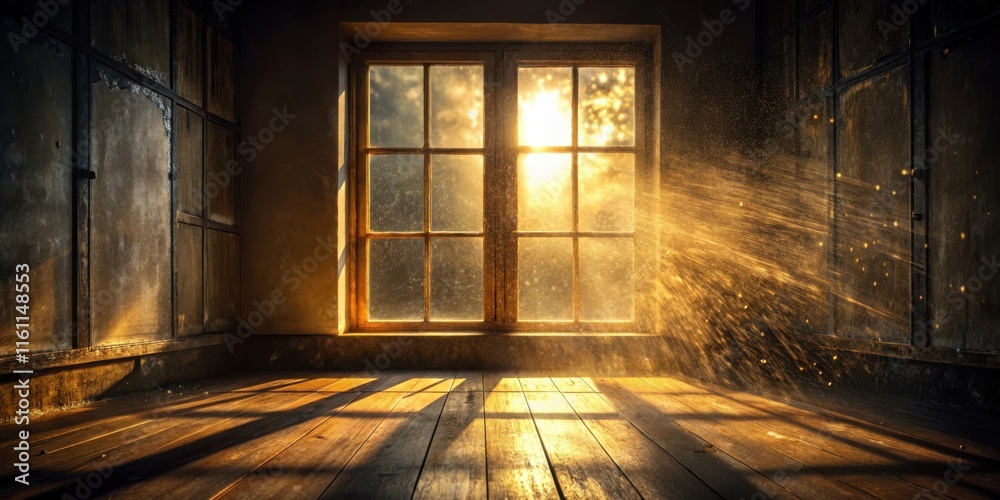 Poster golden sunlight streams through a dusty window, illuminating a wooden floor with a warm glow.