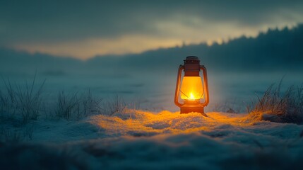 A Lantern Illuminating the Tranquil Icy Tundra Under the Starry Night Sky