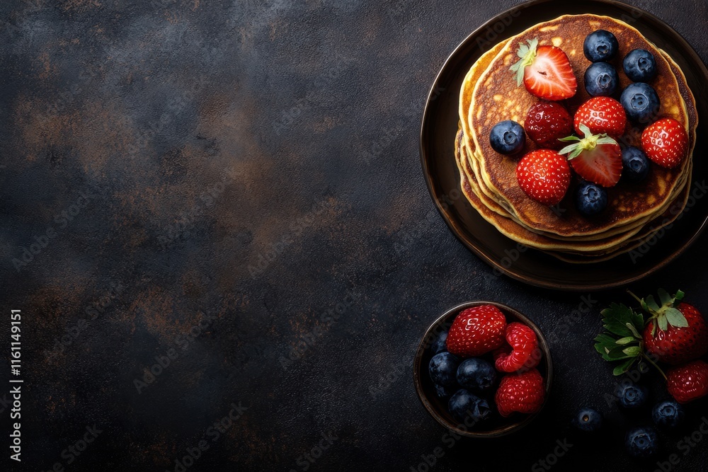 Aufkleber Stack of golden pancakes with fresh strawberries and blueberries on a dark background with space for text. Generative AI