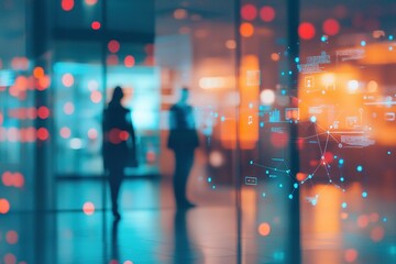 Silhouetted figures in a modern building with overlaid network data visualization.