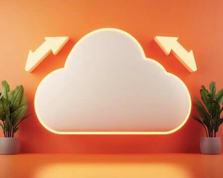 Safe data exchange, glowing arrows around secure cloud, 3D illustration