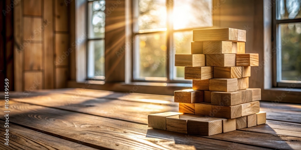 Aufkleber Wooden blocks stacked in a tower on a wooden table with sunlight streaming in through a window