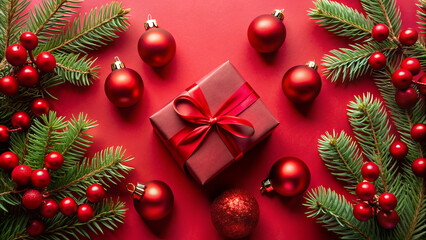 A vibrant display of a red gift box adorned with a ribbon, surrounded by shiny red ornaments and pine branches, perfect for holiday decorations and festive spirit