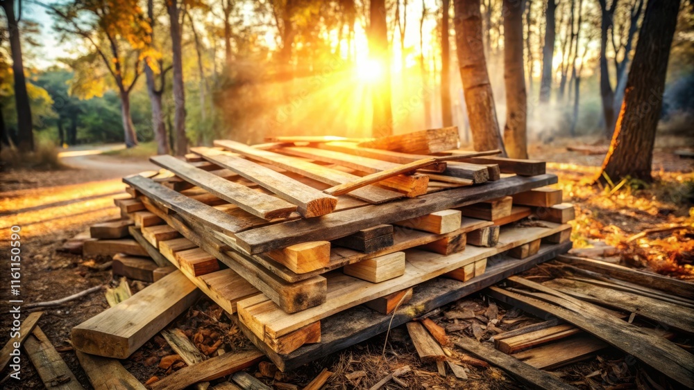 Poster a stack of weathered wooden pallets illuminated by warm sunlight in a serene forest setting