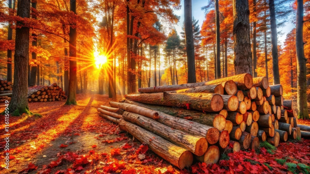 Poster a pile of logs rests in a forest bathed in the golden light of the setting sun, surrounded by vibran