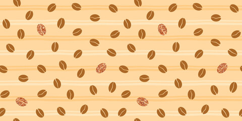 Brown coffee beans and with glitter texture on a beige striped background. Vector seamless pattern for coffee house, coffee shop, cafe, restaurant, cafeteria, wrapping paper, brand packaging, printing