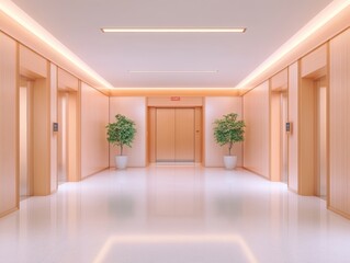 Fototapeta premium Modern Office Building Lobby with Elevators and Plants