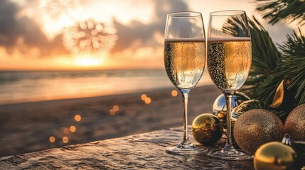 Two glasses of champagne on wooden surface at a tropical beach at sunset, with golden light reflecting on the glass, festive decorations nearby, and faint fireworks in the distance. Happy New Year's. 