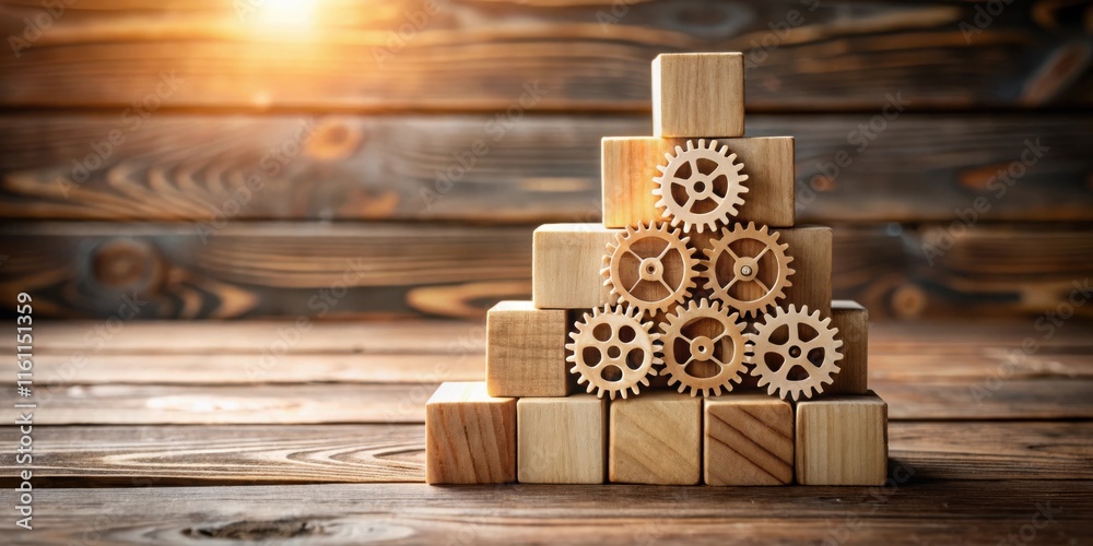 Poster Wooden Gears Interlocking on a Stack of Blocks, Representing a Concept of Collaboration and Teamwork