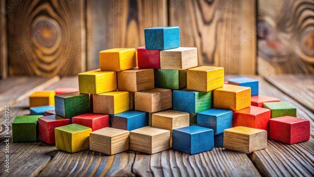Poster a vibrant assortment of colorful wooden blocks stacked in a playful formation against a rustic woode