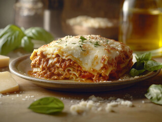 Plate of lasagna with cheese and basil on top