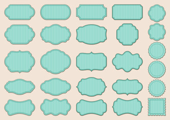 Label frames with ornamental edges and turquoise striped texture. Vintage large collection of different stickers, isolated on a pale beige background. Vector big set for greeting card and invitation