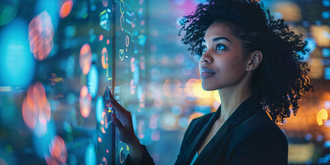 Businesswoman analyzing holographic futuristic big data interface in smart city