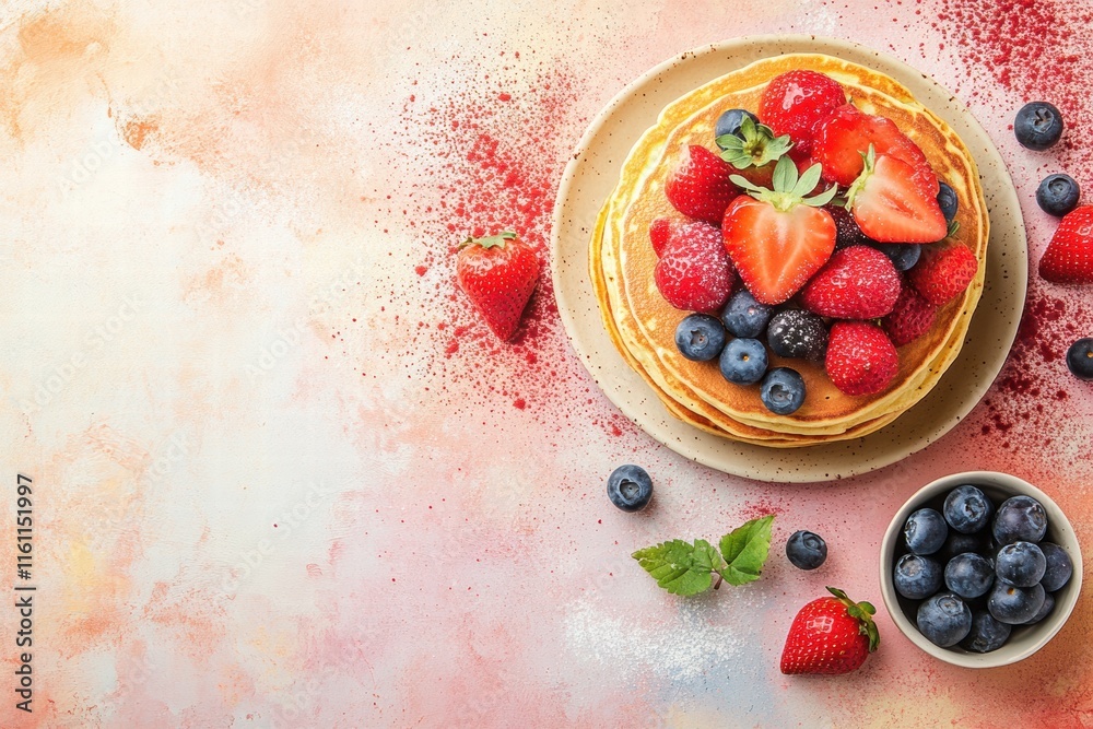 Poster stack of golden pancakes topped with fresh strawberries and blueberries perfect for a delightful bre