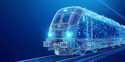 Glowing wireframe train speeds through a digital landscape of neon blue at twilight