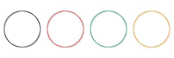 Hand drawn circle line sketch set. Black, red blue, orange circles on white background