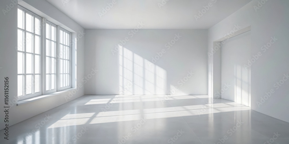 Poster Sunlight streams through a large window casting delicate shadows on the pristine white floor of an empty room.