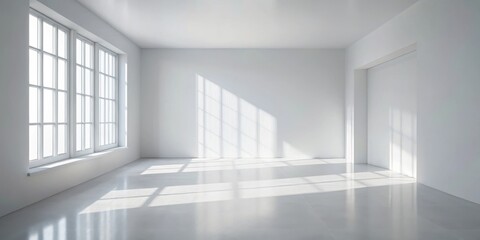 Fototapeta premium Sunlight streams through a large window casting delicate shadows on the pristine white floor of an empty room.