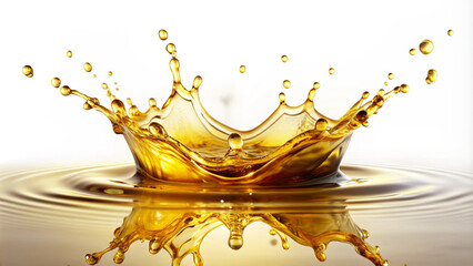A vibrant golden liquid splashes into a calm body of water, forming a beautiful crown shape. The droplets radiate in all directions, creating mesmerizing ripples across the surface