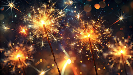 Brightly lit sparklers burst with light, creating a dazzling display against the dark backdrop. The celebration atmosphere exudes joy and excitement as people gather around
