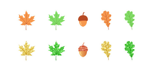 Acorn, maple and oak leaves with glitter texture and in a flat style, isolated on a white background. Vector design elements. Set with autumn and summer foliage for cover, website, packaging, signage