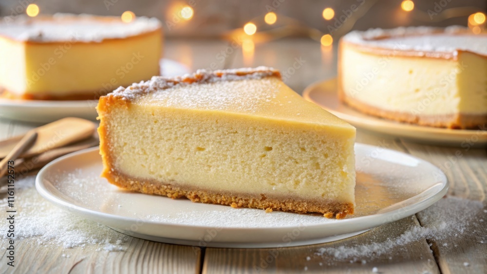 Poster a slice of cheesecake dusted with powdered sugar, resting on a white plate, with a blurred backgroun