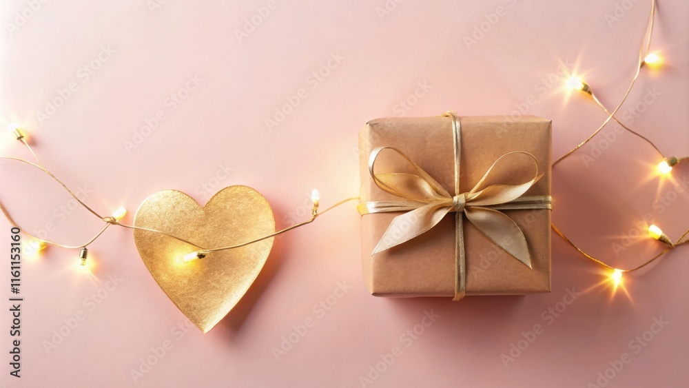 Poster a golden heart and a gift box tied with a golden ribbon adorned with a string of warm white fairy li