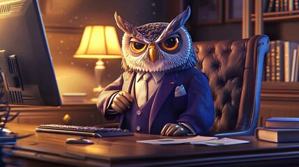 Wise Owl CEO: 3D Render of a Sophisticated Owl in a Business Setting