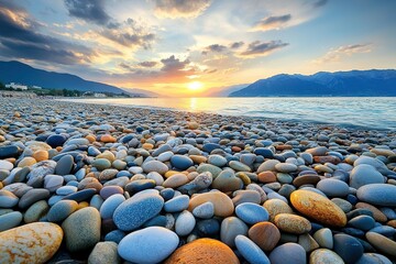 Obraz premium Sunset over a pebble beach with mountains in the distance. Tranquil and serene coastal scene.