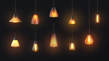 Realistic Set of Glowing Hanging and Wall Lamps for Modern Interior – Vector Illustration on Dark Background