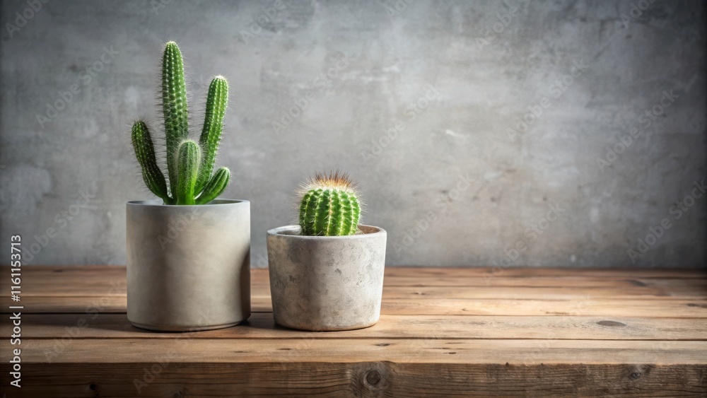 Poster two potted cacti in front of a gray wall, with a rustic wooden table in the foreground.