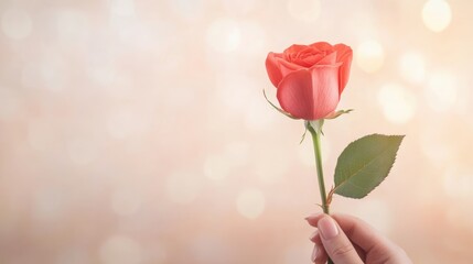 Obraz premium Single Coral Rose Held in Hand Against Soft Bokeh Background