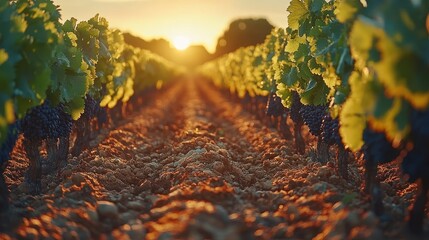 Vineyard at sunset with ripe grapes and soil.