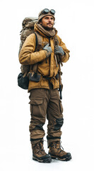 Winter adventurer prepares for an outdoor expedition in snowy conditions at the mountain base