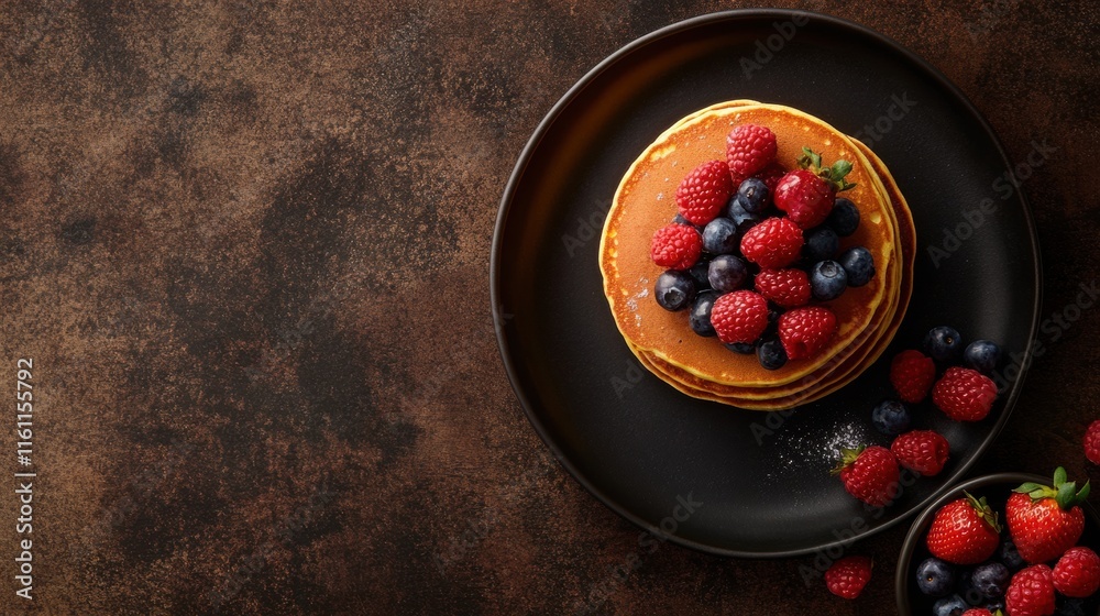 Poster delicious golden pancakes piled high with fresh strawberries and blueberries on a dark rustic backgr
