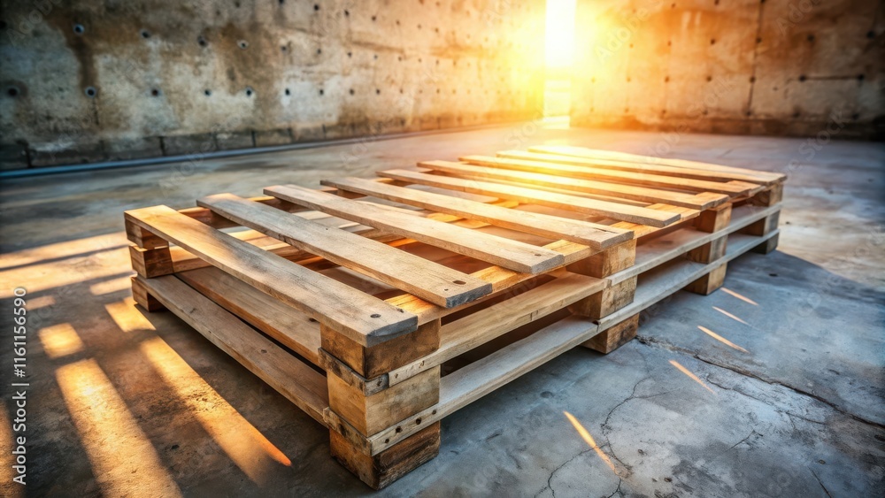 Poster a weathered wooden pallet in a warehouse setting with a warm glow of sunlight streaming through an o