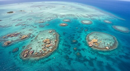 Obraz premium Aerial view of vibrant coral reefs in crystal clear turquoise ocean water, concept for environmental conservation, travel destination and marine ecosystem